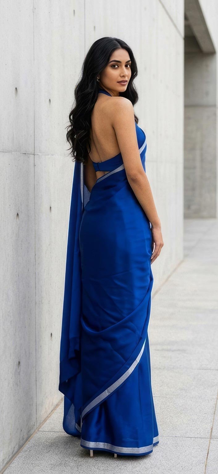 A woman showing an elegant back pose in a vibrant royal blue saree, looking over her shoulder.