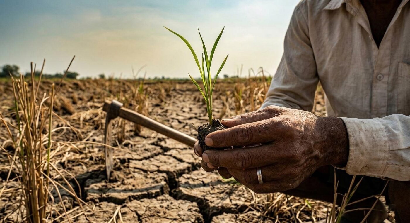 A close-up shot of an Indian farmer holding a seedling in a field severely affected by El Niño drought in 2026.