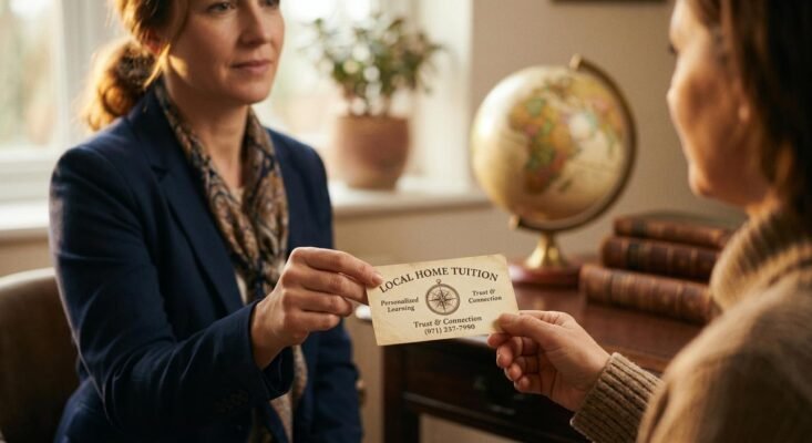 A hand offering a home tuition visiting card with classic, vintage design elements, emphasizing trust.