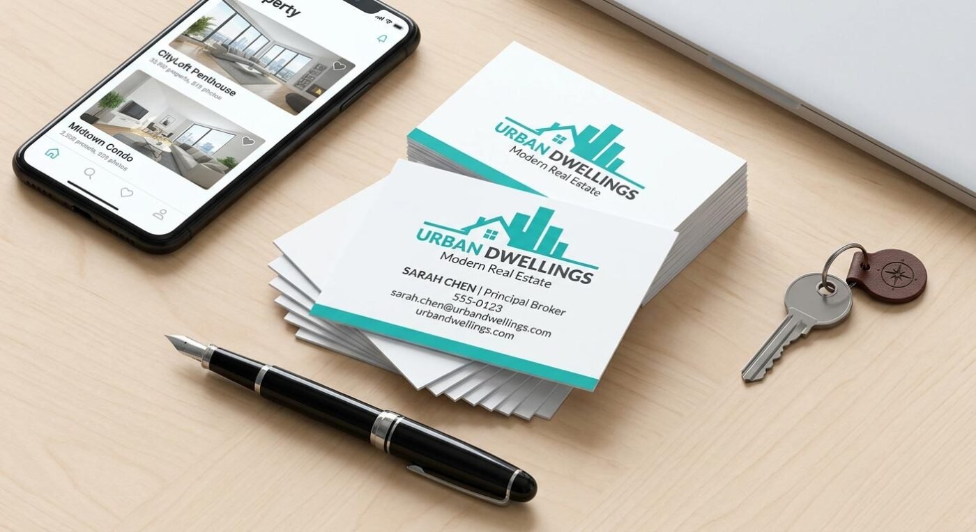 A flat-lay digital illustration of a clean, minimalist real estate business card stack on an organized desk with a smartphone and keys.