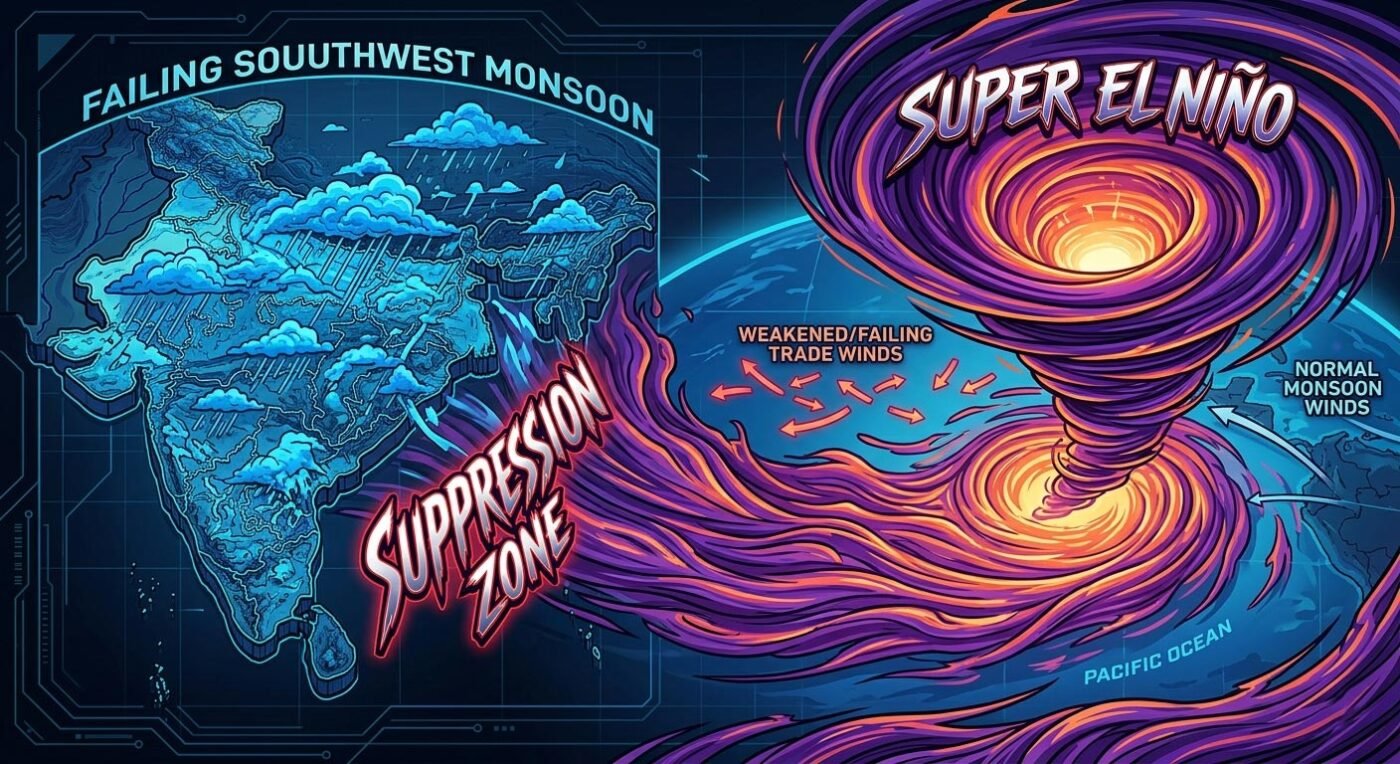 Dynamic climate science illustration showing how the Super El Niño vortex suppresses monsoon rainfall over India in 2026.