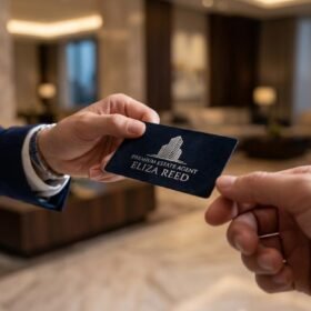 A cinematic close-up of a premium business card with silver accents being exchanged between a luxury estate agent and a client.