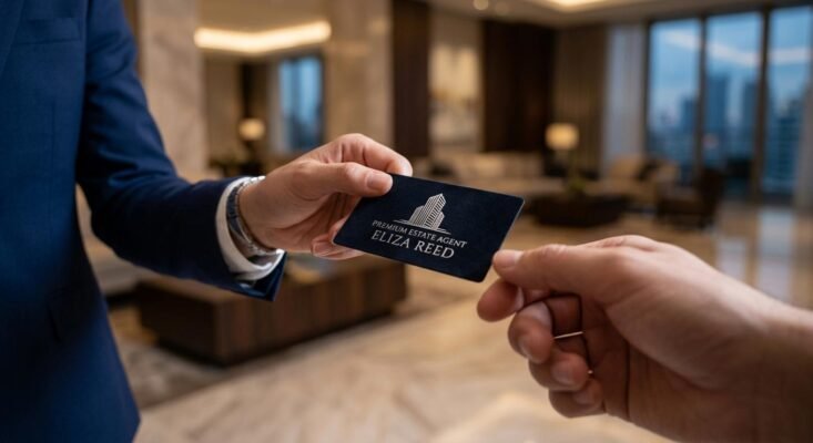 A cinematic close-up of a premium business card with silver accents being exchanged between a luxury estate agent and a client.