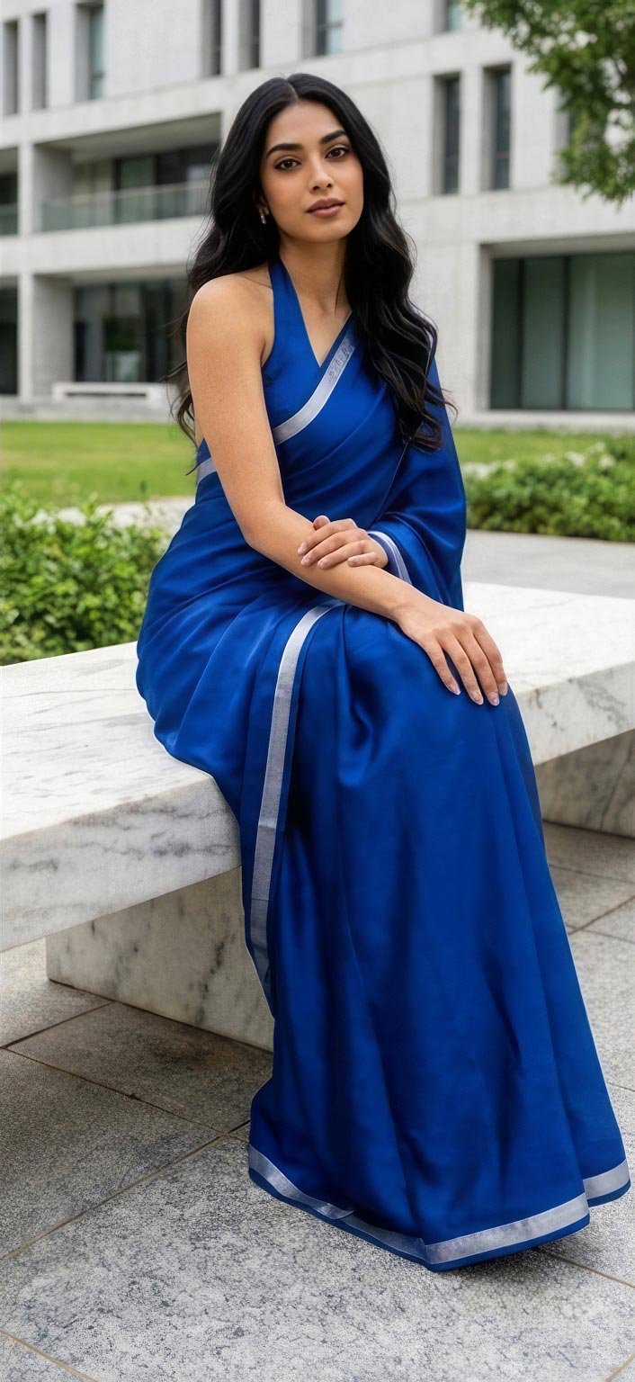 A woman sitting elegantly on an outdoor stone ledge posing in a royal blue saree.