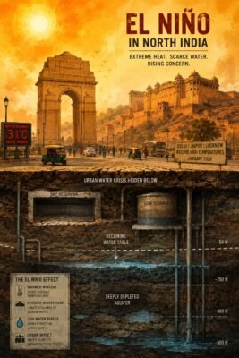 A dynamic digital painting illustrating the dual impact of El Niño on North India: extreme winter heat and low water tables.