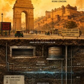 A dynamic digital painting illustrating the dual impact of El Niño on North India: extreme winter heat and low water tables.