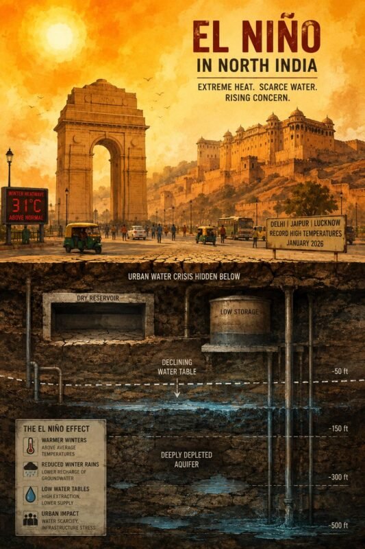 A dynamic digital painting illustrating the dual impact of El Niño on North India: extreme winter heat and low water tables.