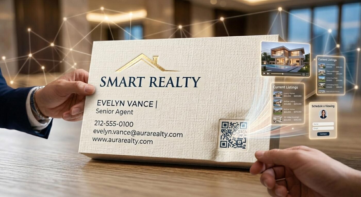 An infographic render of a real estate business card using a QR code to launch digital property listings and 3D tours.