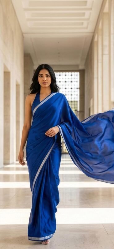 Full-length walking pose of a woman wearing a blue saree in a bright corridor.