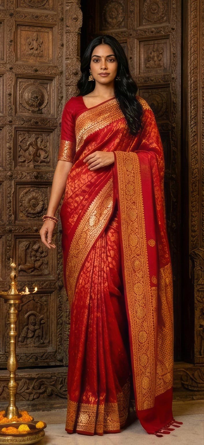 Full-length standing pose of a woman in a heavy red Banarasi silk saree next to a traditional lamp.