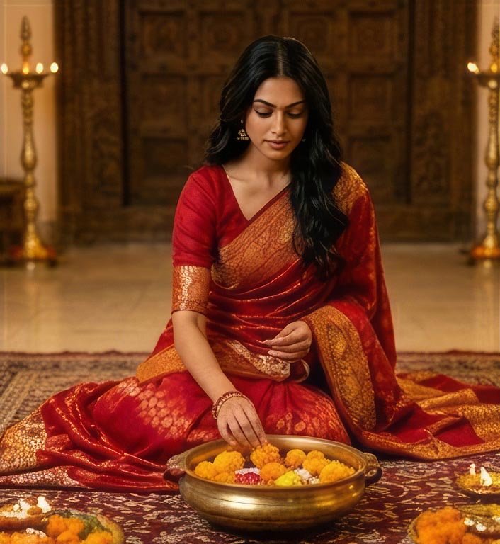 A woman sitting cross-legged on the floor arranging flowers in a brass urli bowl wearing a red saree.