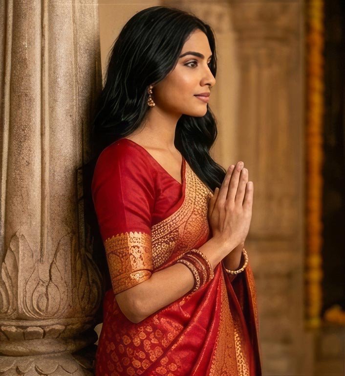 Side profile pose of a woman holding her hands in a Namaste gesture wearing a red traditional saree.
