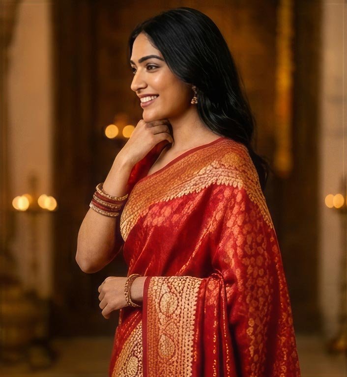 Candid side profile pose of a smiling woman in a red silk saree with hand near her chin.
