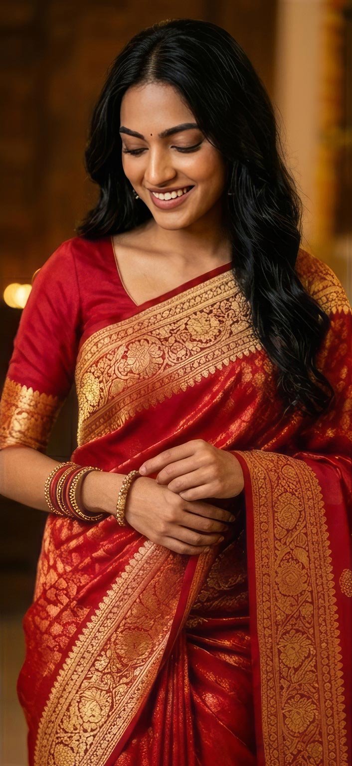 Medium shot of a woman standing and adjusting her bangles in a red silk saree.