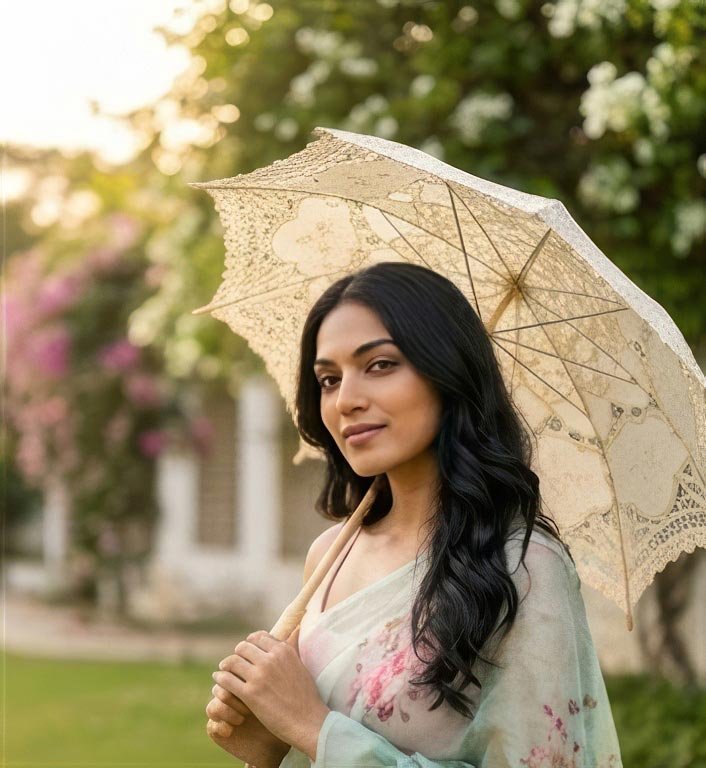 A woman holding a vintage lace parasol umbrella looking into the camera wearing a floral pastel saree.