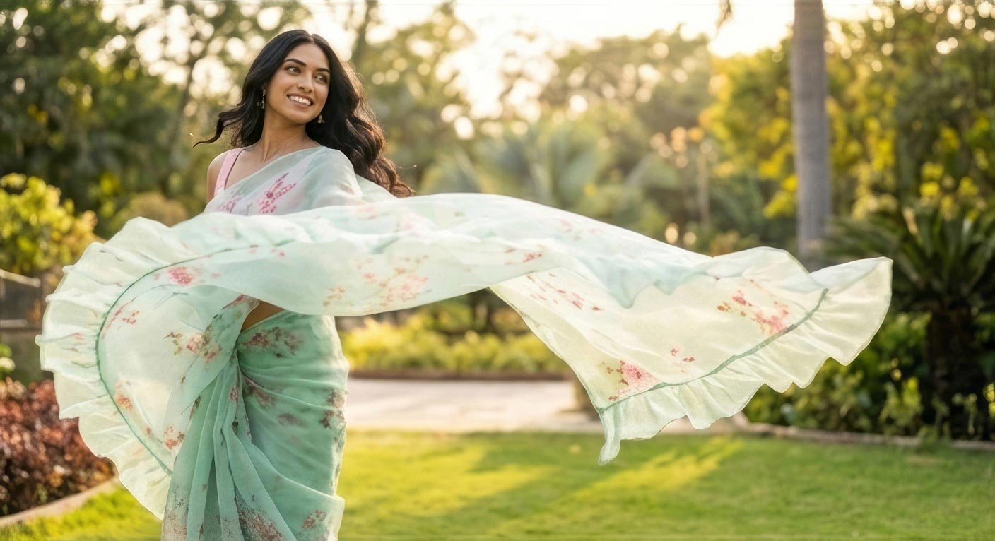 Full-length motion shot of a woman holding out her floating saree pallu in a sunny garden.