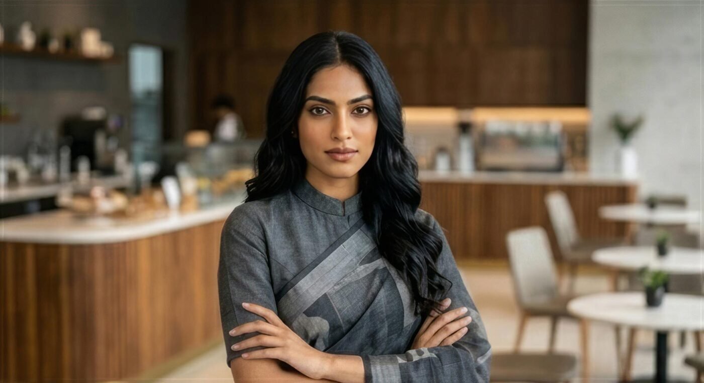 A woman with crossed arms wearing a professional grey cotton saree in a modern cafe.