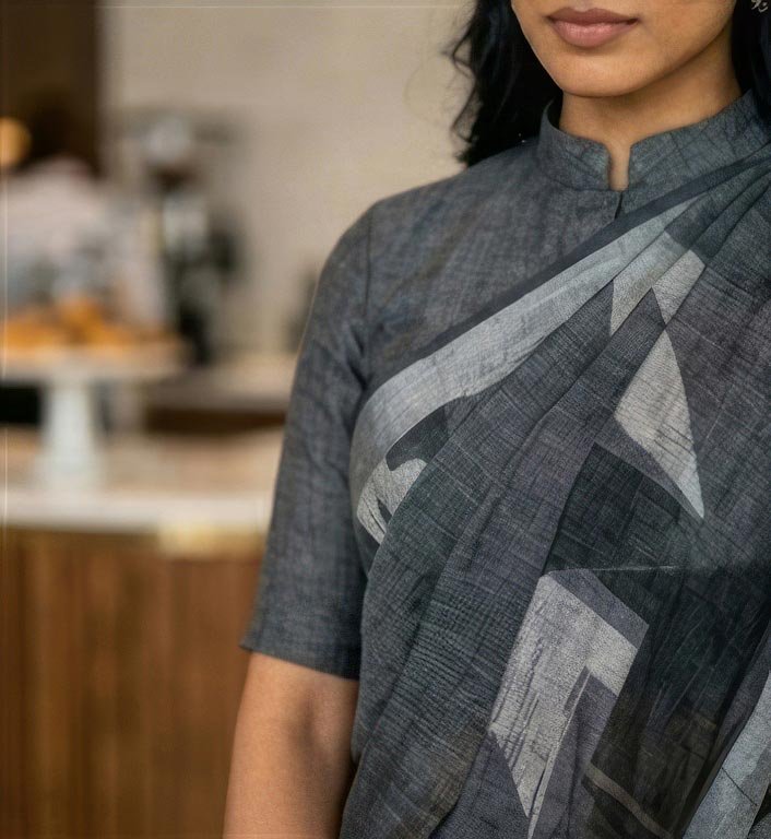 Close-up shot from the side of a woman wearing a corporate grey saree with a high neck collar blouse.