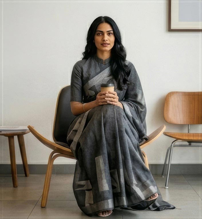 A woman holding a coffee cup sitting gracefully on an office chair wearing a modern grey saree.