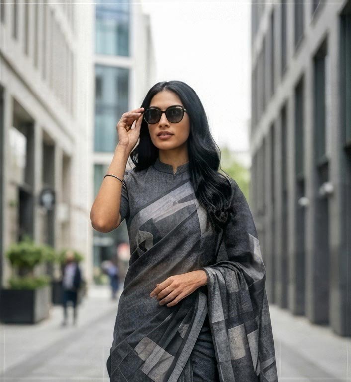 A woman wearing sunglasses and a grey saree walking down a modern urban city street.