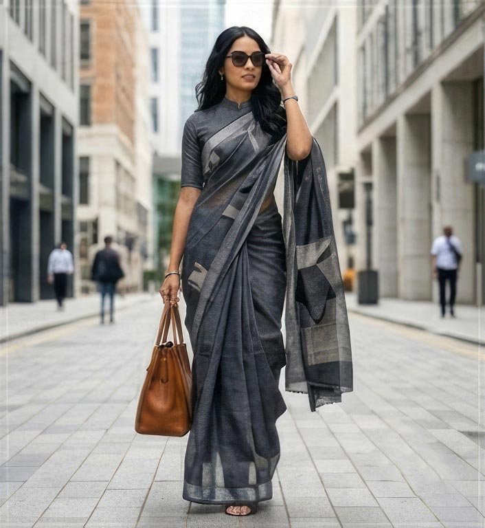 Full-length street view pose of a woman holding a leather handbag and wearing a grey saree with sunglasses.