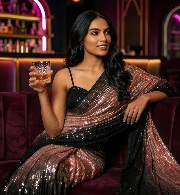 A woman holding a drink glass sitting on a luxury velvet sofa wearing a glamorous sequin saree.