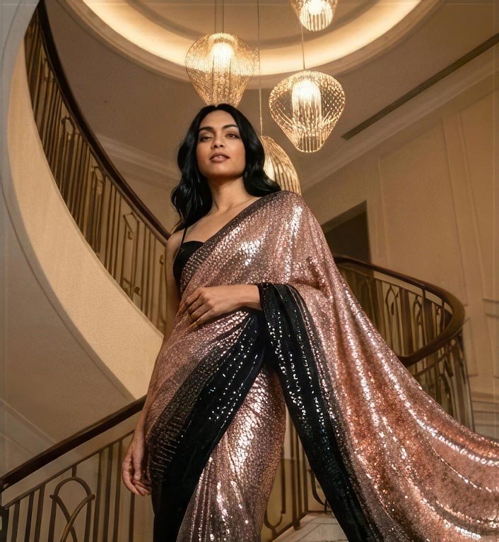 Low angle shot of a woman walking down a grand spiral staircase wearing a rose gold and black sequin saree.