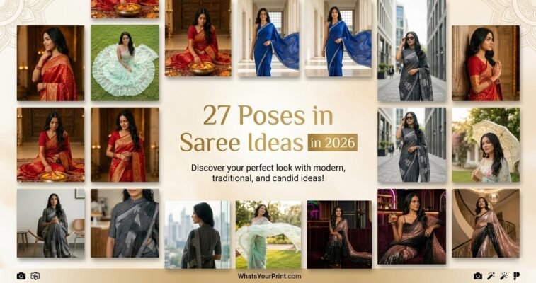 A featured image collage showing 27 different saree poses for women for a 2026 blog post, including modern, traditional, and candid ideas.