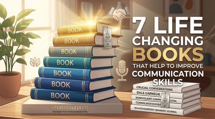 A conceptual illustration of 7 stacks of books rising from a learning to a leadership stage, with incorporated WhatsYourPrint branding, representing growth in communication skills.