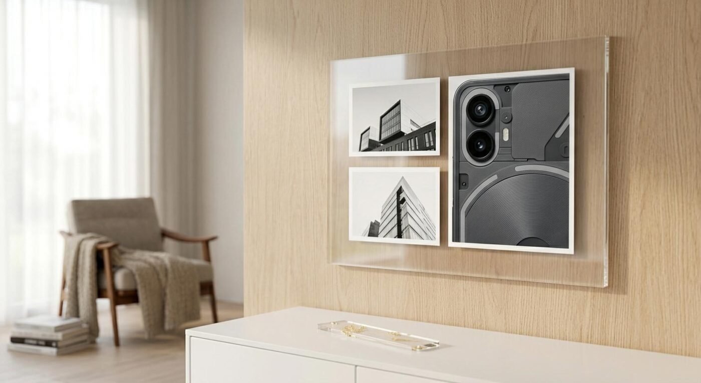 A modern acrylic collage photo frame on a wooden wall displaying minimalist architecture and tech-inspired imagery