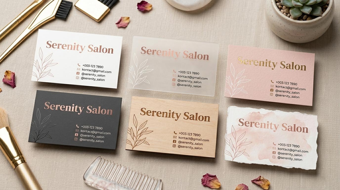 Six distinct, modern business card designs for a beauty parlour named Serenity Salon, showcasing different textures like matte white, frosted acrylic, blush pink, charcoal black, wood grain, and watercolor.