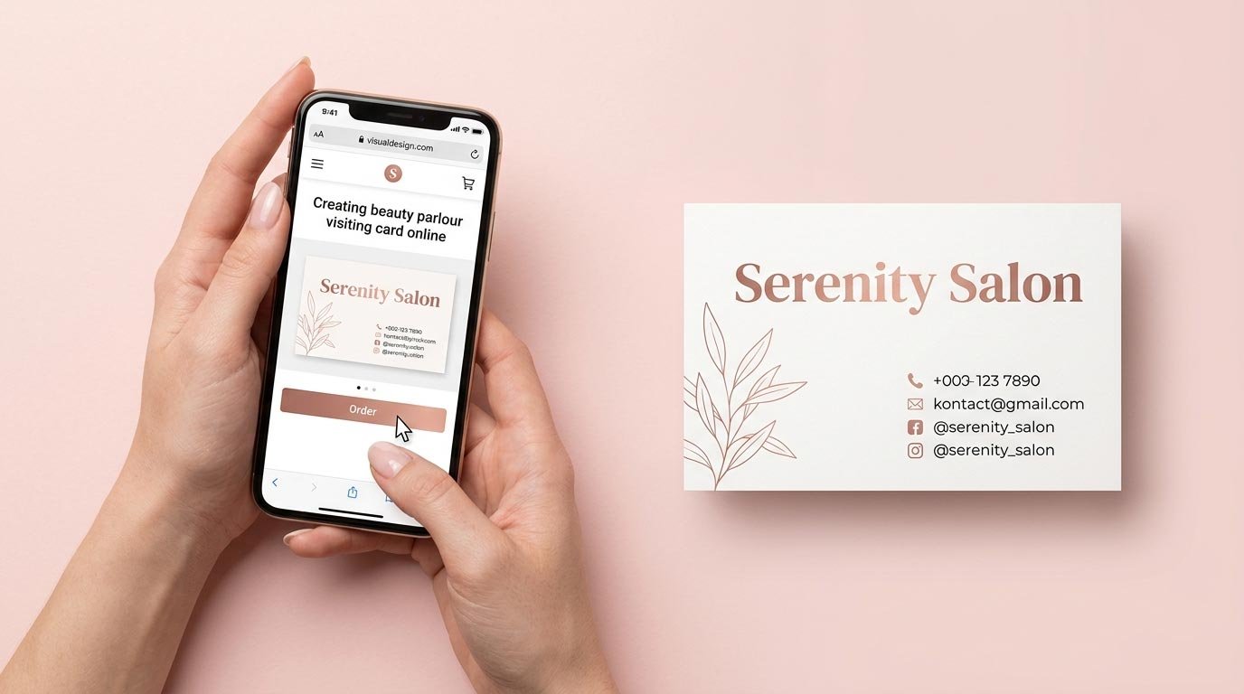 A mockup showing a premium salon visiting card next to a smartphone displaying an online design editor interface.