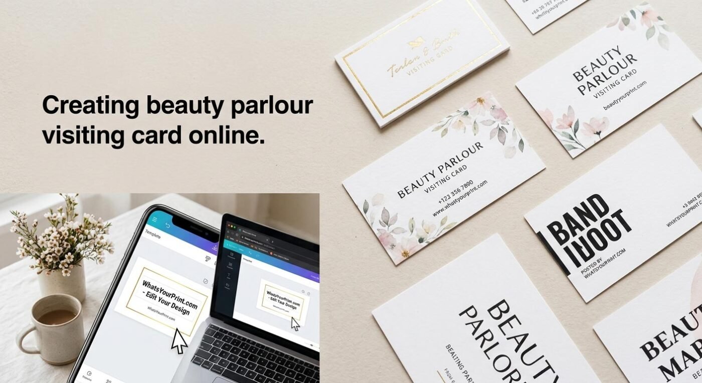 A collage of diverse and professional beauty parlour visiting card designs and a mobile app visual editor by WhatsYourPrint.