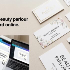 A collage of diverse and professional beauty parlour visiting card designs and a mobile app visual editor by WhatsYourPrint.