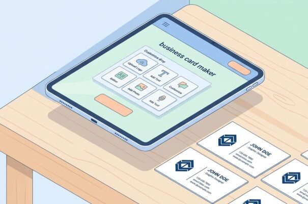 A sleek, modern business card maker tool displaying a custom layout on a high-resolution screen with real cards.