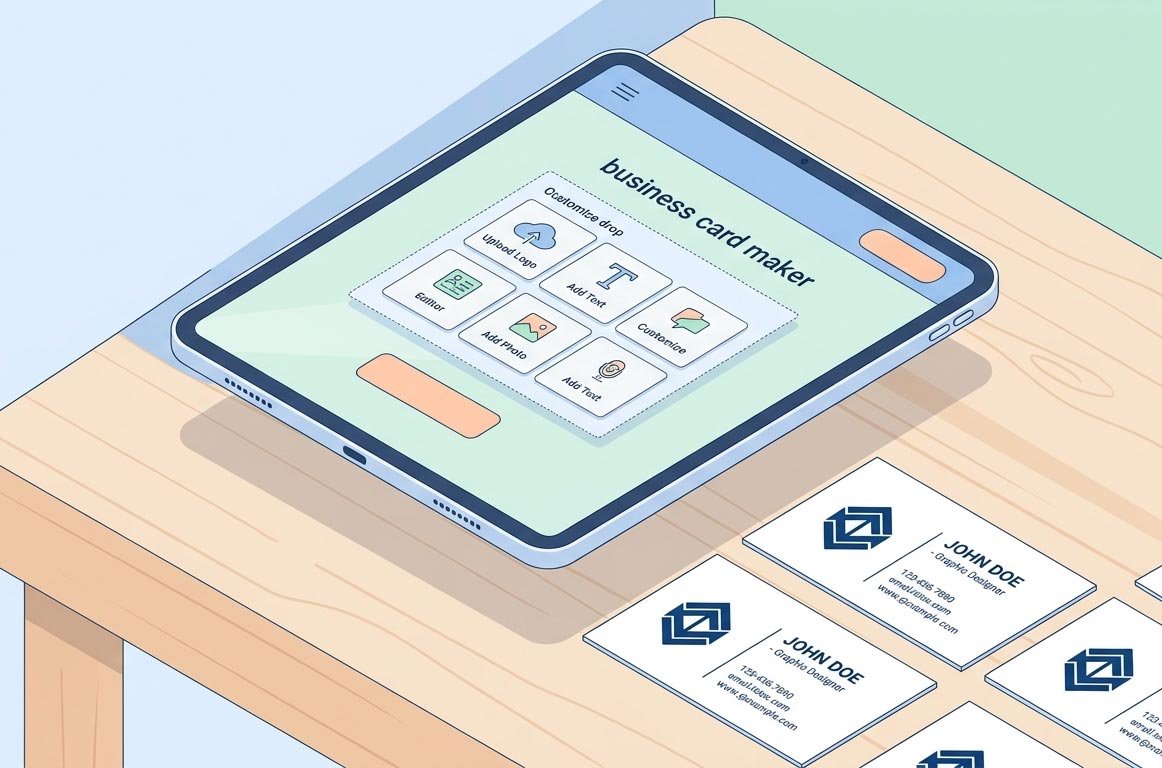 A sleek, modern business card maker tool displaying a custom layout on a high-resolution screen with real cards.