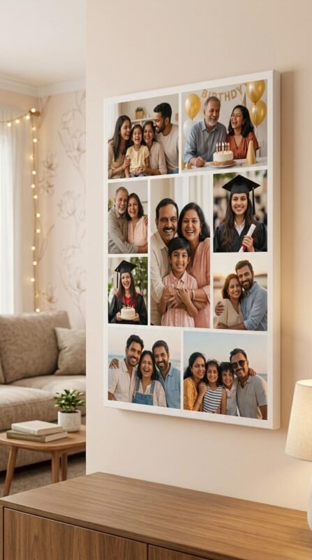 Large customized canvas collage photo frame showcasing beautiful family memories on a living room wall.