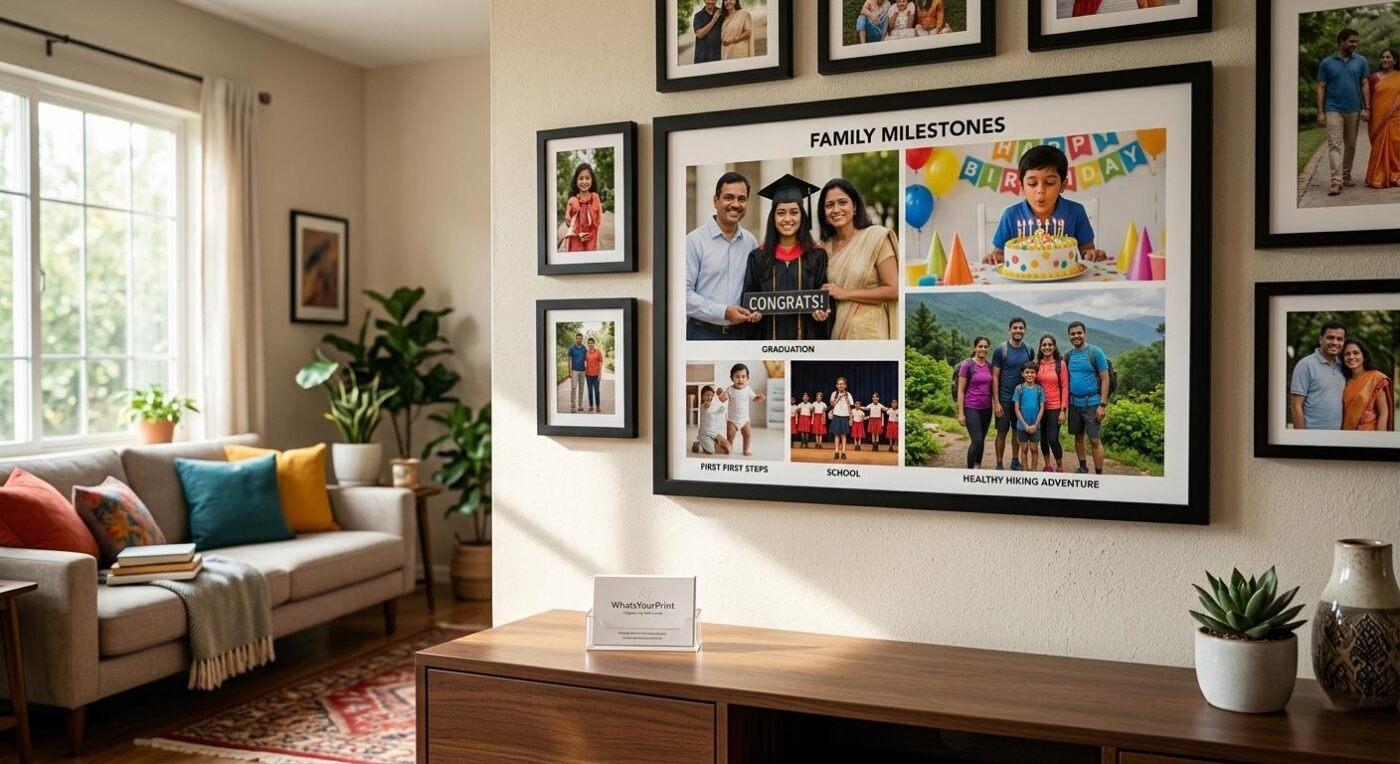 A realistic photograph of a family gallery wall featuring a large collage photo frame by WhatsYourPrint, symbolizing secure memories.