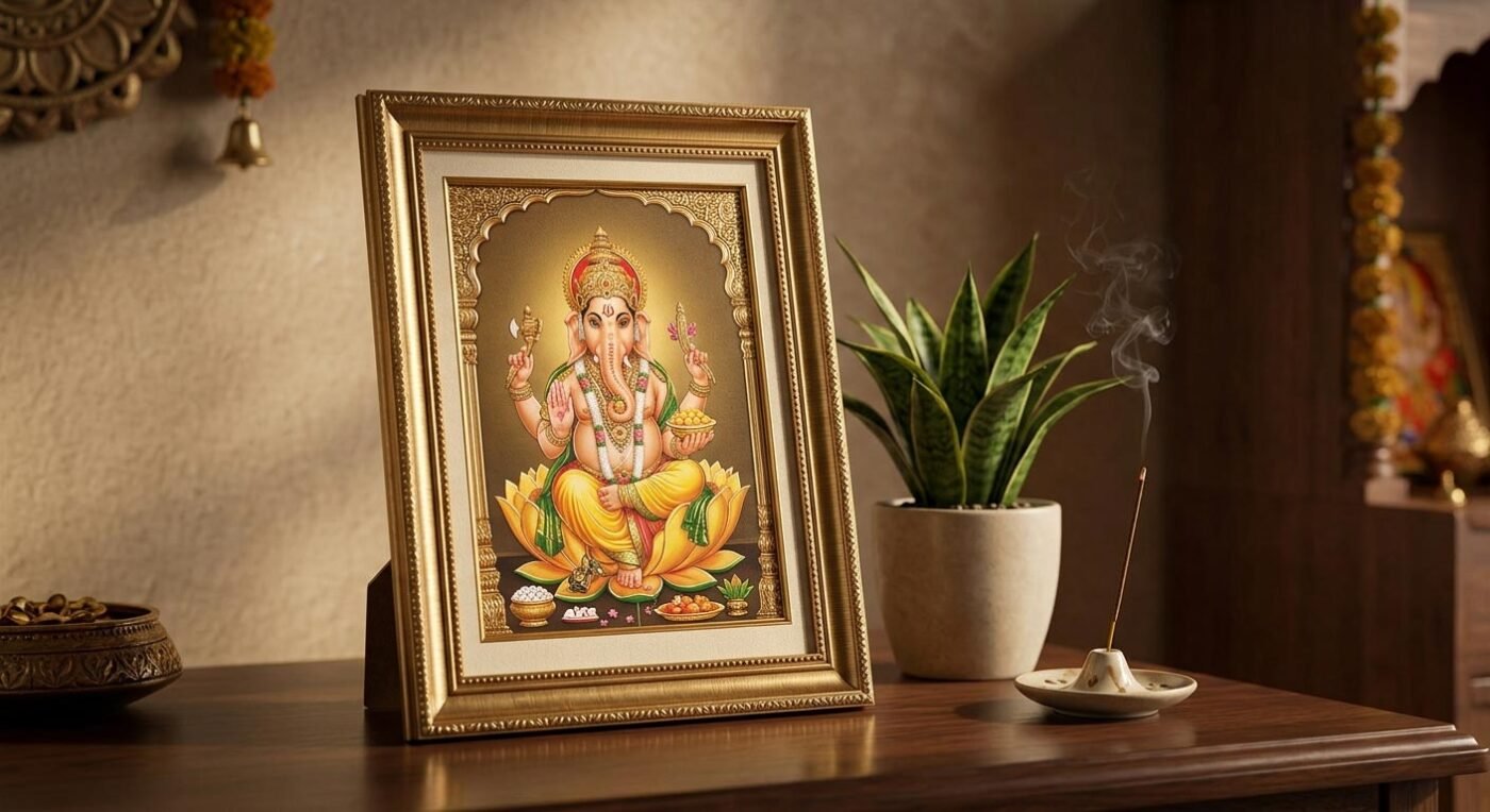 A high-quality 3D render of a premium, gold-embossed God Photo Frame by WhatsYourPrint in a peaceful home mandir.