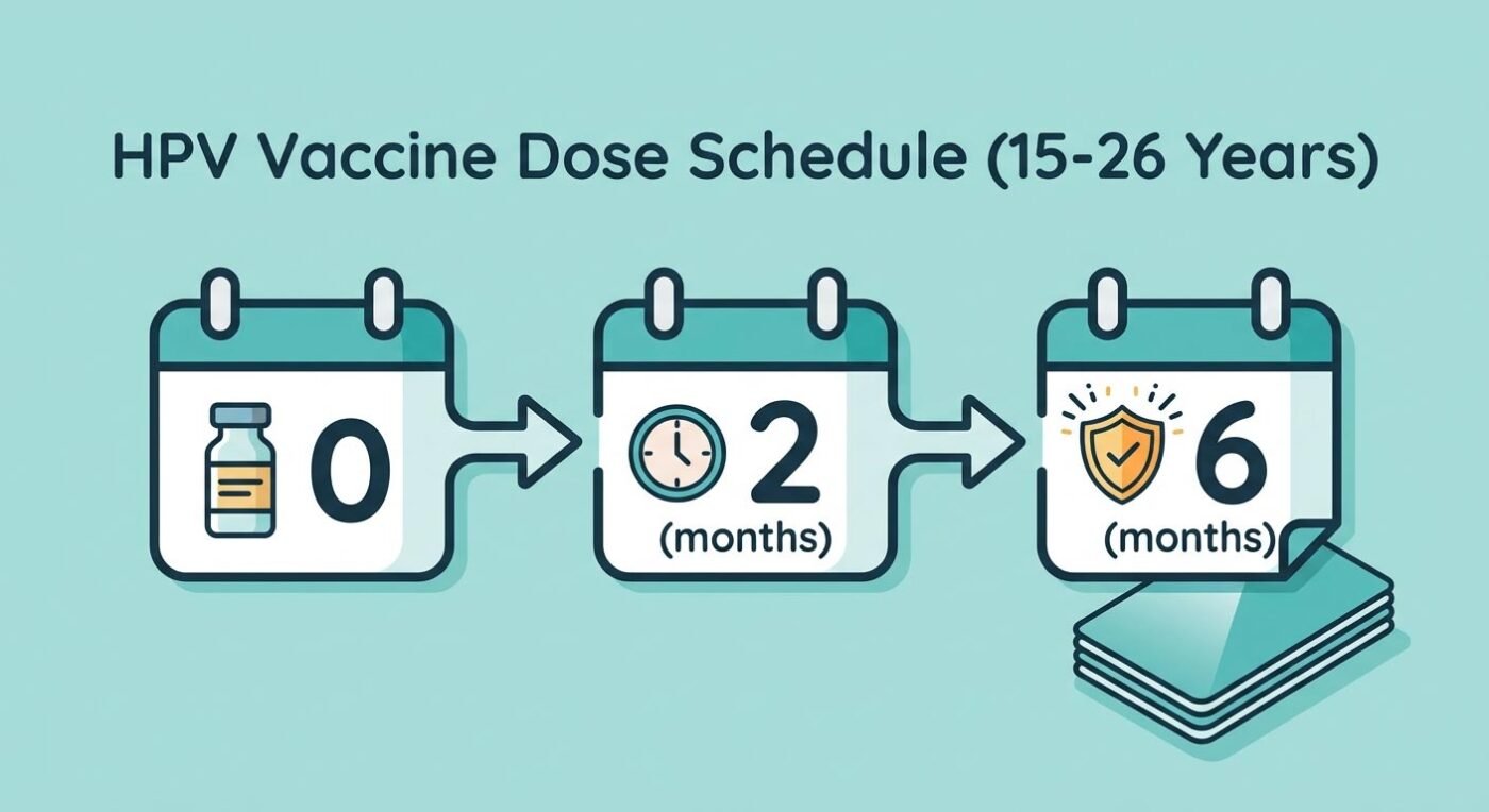 A flat design vector illustration detailing the 3-dose HPV vaccine schedule (0, 2, and 6 months) for young adults.