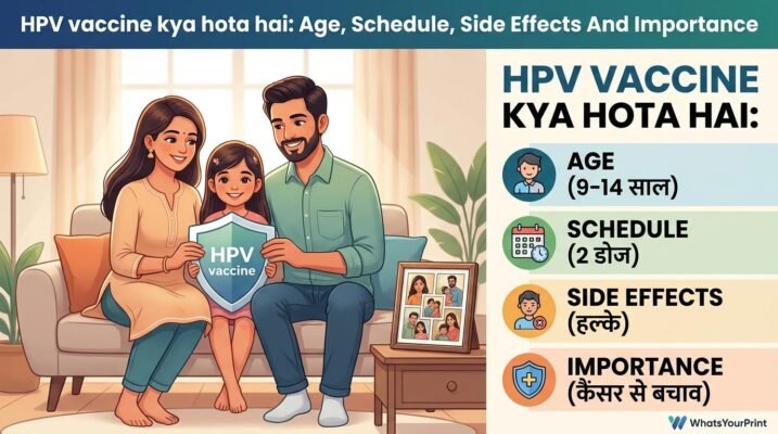A medical infographic illustrating HPV vaccine age limits (9-14 years) and its importance in preventing cervical cancer in India.