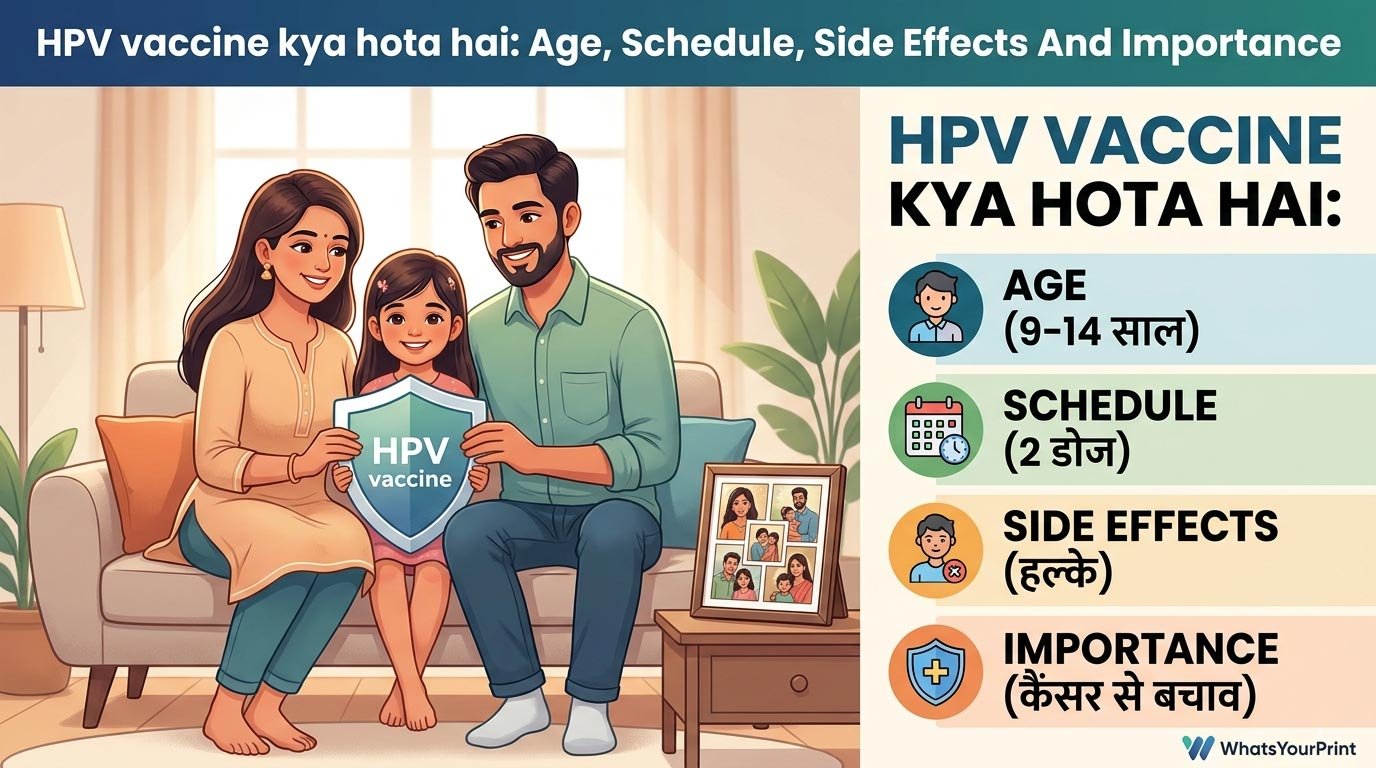 A medical infographic illustrating HPV vaccine age limits (9-14 years) and its importance in preventing cervical cancer in India.