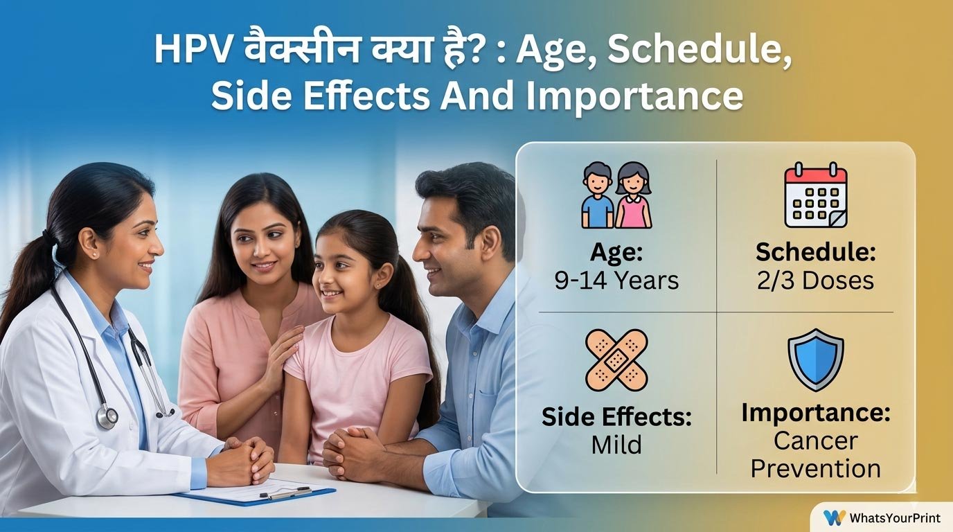An informative infographic explaining 'hpv vaccine kya hota hai', detailing age limits, the 2/3 dose schedule, mild side effects, and its importance in preventing cervical cancer.