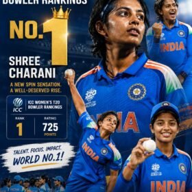 An infographic celebrating an Indian spinner's rise to the No. 1 spot in the ICC Women's T20I bowling rankings