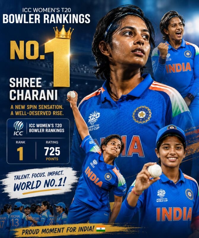 An infographic celebrating an Indian spinner's rise to the No. 1 spot in the ICC Women's T20I bowling rankings