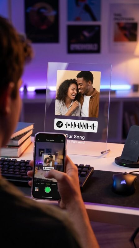 Smartphone scanning an interactive music-themed acrylic Spotify plaque photo frame.