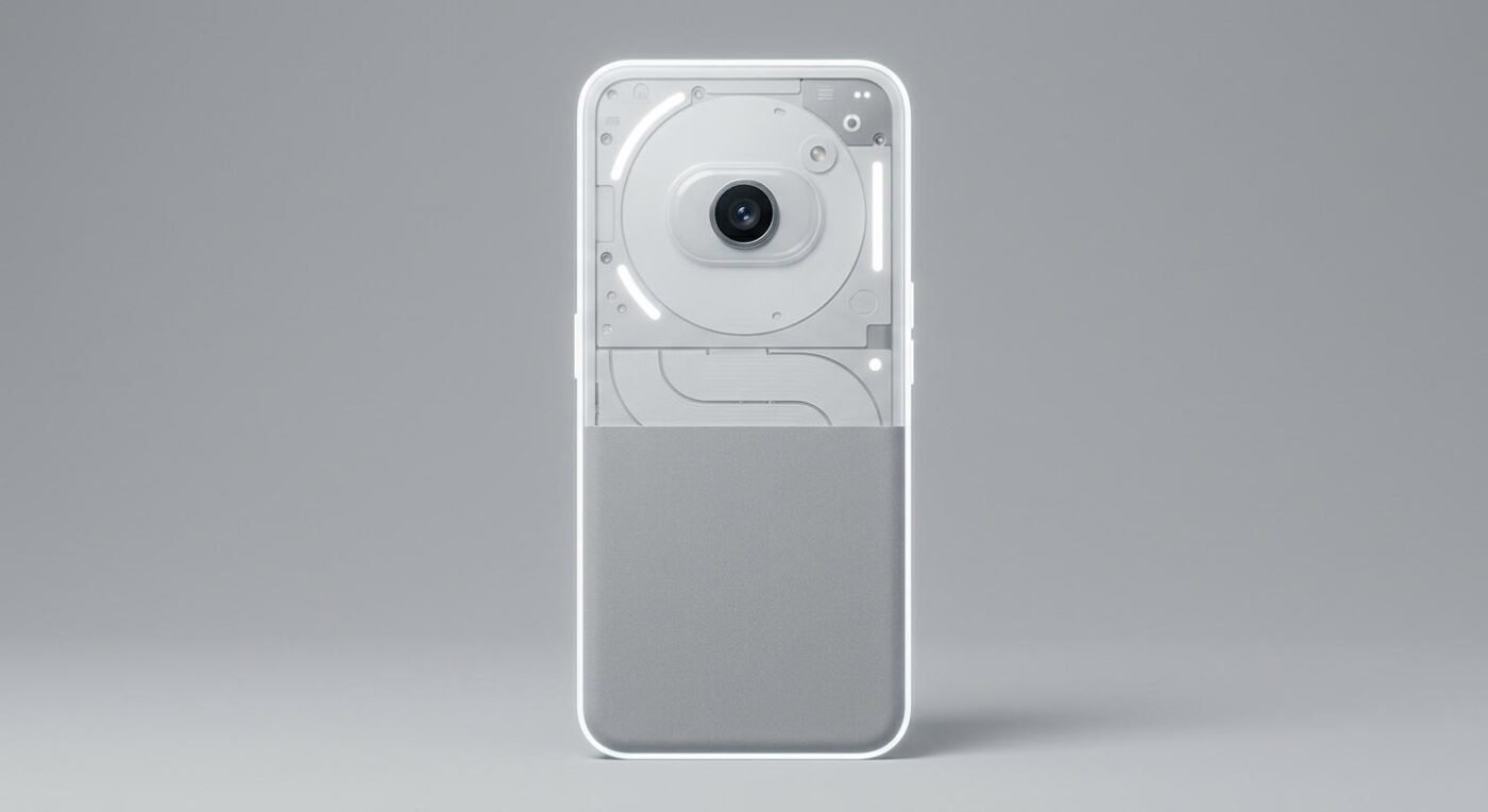 Feature image and YouTube thumbnail showing a stylized transparent Nothing Phone (4b) design with single camera and bold text "NOTHING (4b) DESIGN REVEALED!"