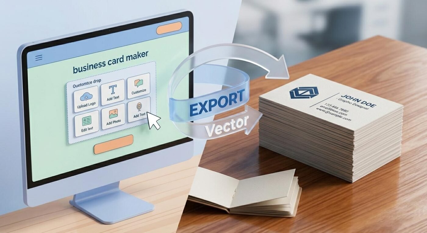 Step-by-step workflow infographic using an online business card generator to design and print.
