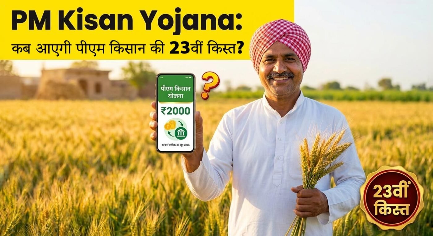 Happy Indian farmer smiling in a wheat field, holding a phone with text "PM Kisan Yojana ₹2000 Confirmed Date: June 20, 2026.