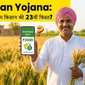 Happy Indian farmer smiling in a wheat field, holding a phone with text "PM Kisan Yojana ₹2000 Confirmed Date: June 20, 2026.